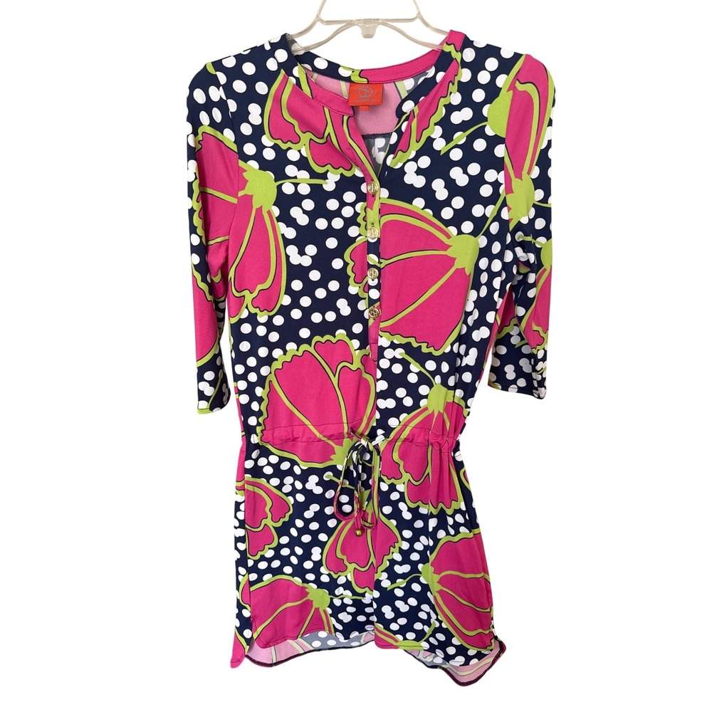 Tracy Negoshian button-front drawstring waist dress navy blue pinkβ green floral